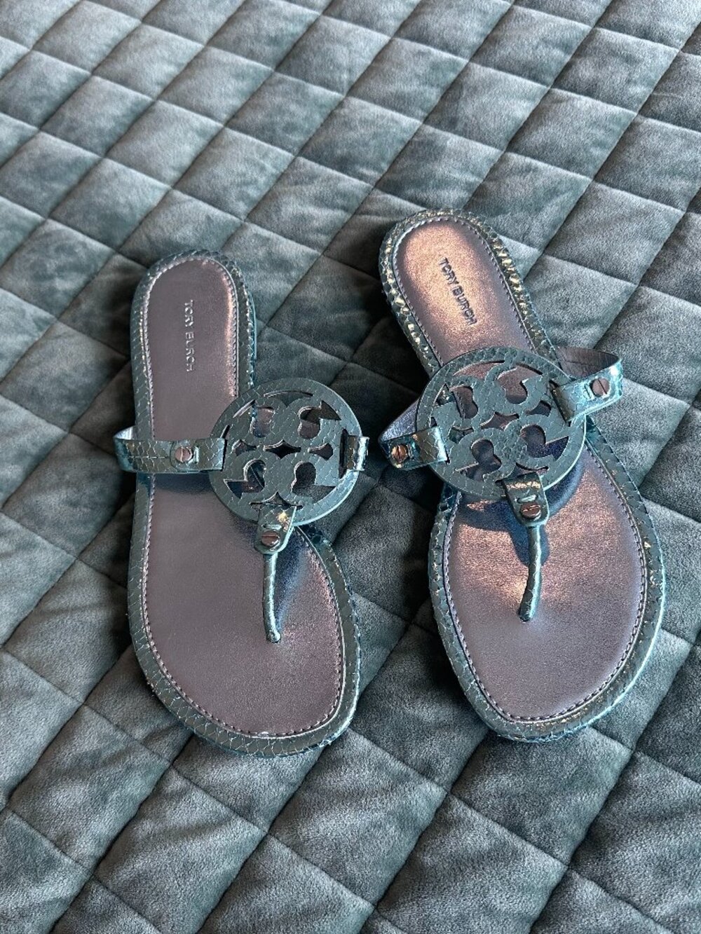 Size 9 Tory Burch Teal Metallic Miller Sandals